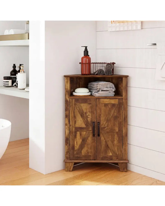 4-Tier Corner Storage Cabinet with Open Shelf-RusticBrown - Rustic Brown - Cabinets & Chests