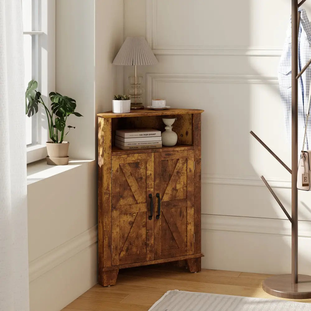 4-Tier Corner Storage Cabinet with Open Shelf-RusticBrown - Rustic Brown - Cabinets & Chests