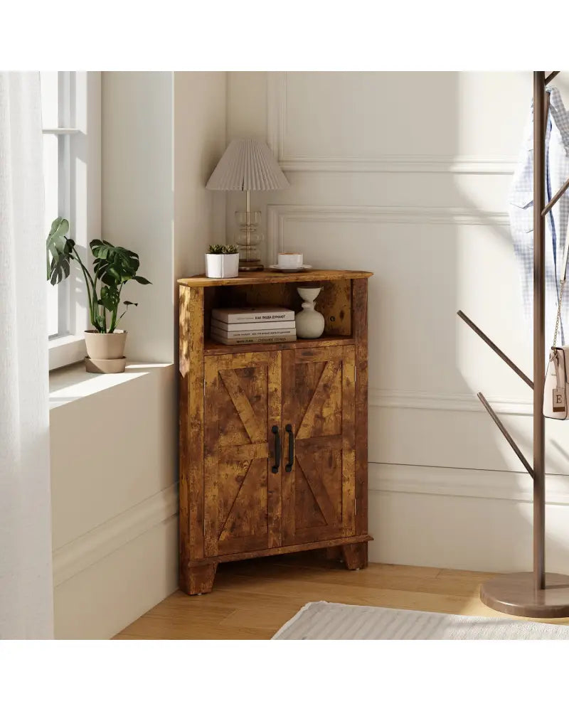 4-Tier Corner Storage Cabinet with Open Shelf-RusticBrown - Rustic Brown - Cabinets & Chests