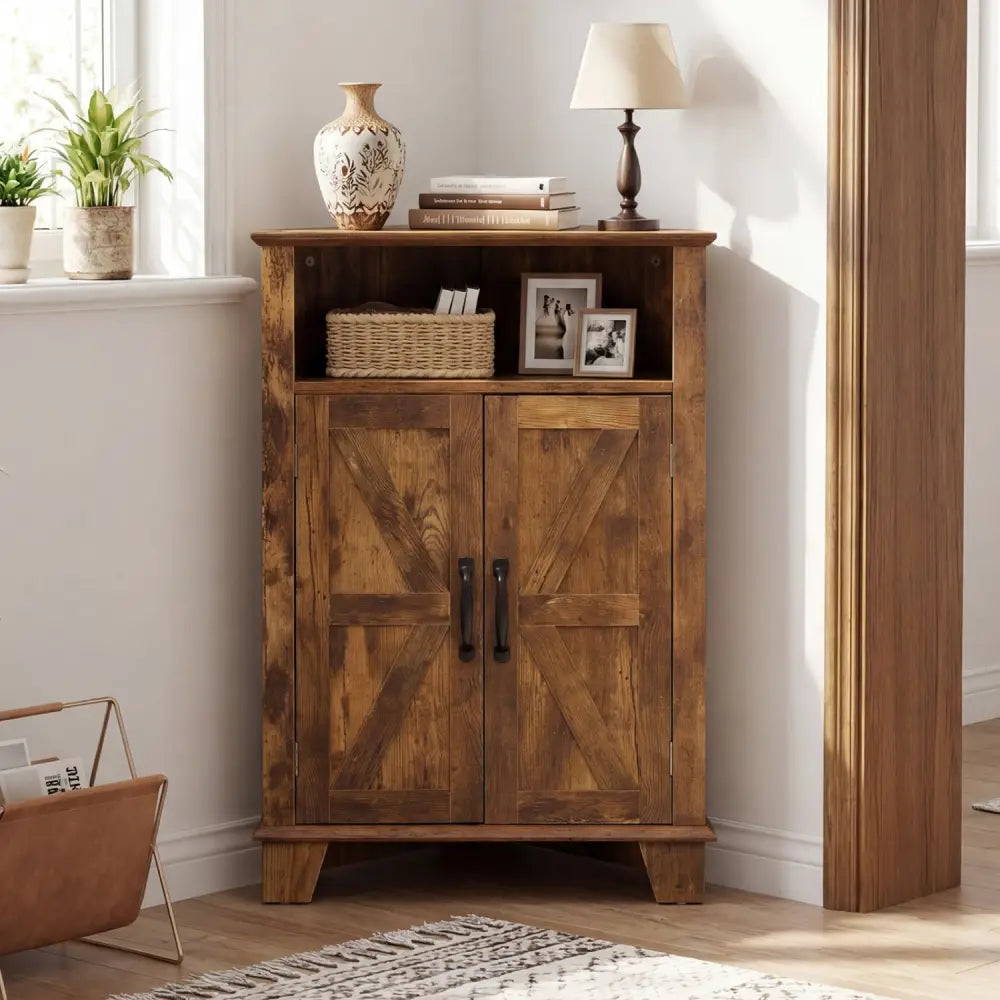 4-Tier Corner Storage Cabinet with Open Shelf-RusticBrown - Rustic Brown - Cabinets & Chests