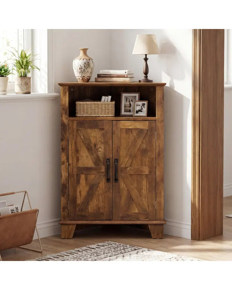 4-Tier Corner Storage Cabinet with Open Shelf-RusticBrown - Rustic Brown - Cabinets & Chests
