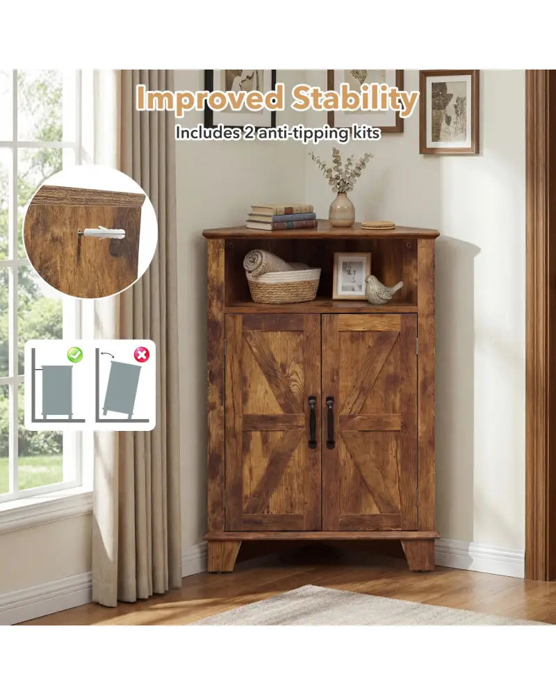 4-Tier Corner Storage Cabinet with Open Shelf-RusticBrown - Rustic Brown - Cabinets & Chests