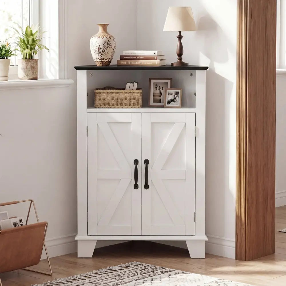 4-Tier Corner Storage Cabinet with Open Shelf-White - White - Cabinets & Chests