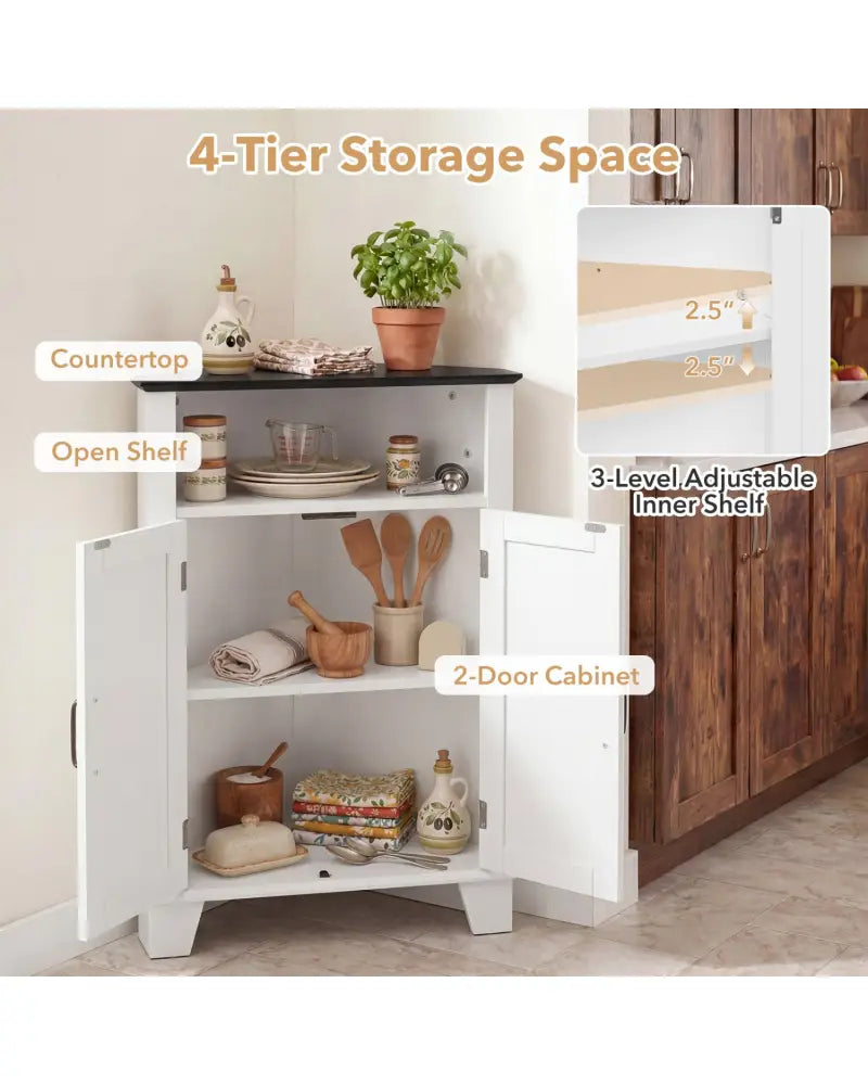 4-Tier Corner Storage Cabinet with Open Shelf-White - White - Cabinets & Chests