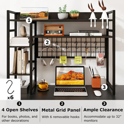 4-Tier Desk Shelf Desktop Display Rack with Metal Grid Panel and 6 Hooks-Black Costway
