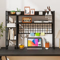 4-Tier Desk Shelf Desktop Display Rack with Metal Grid Panel and 6 Hooks-Black - Black - Bookcases