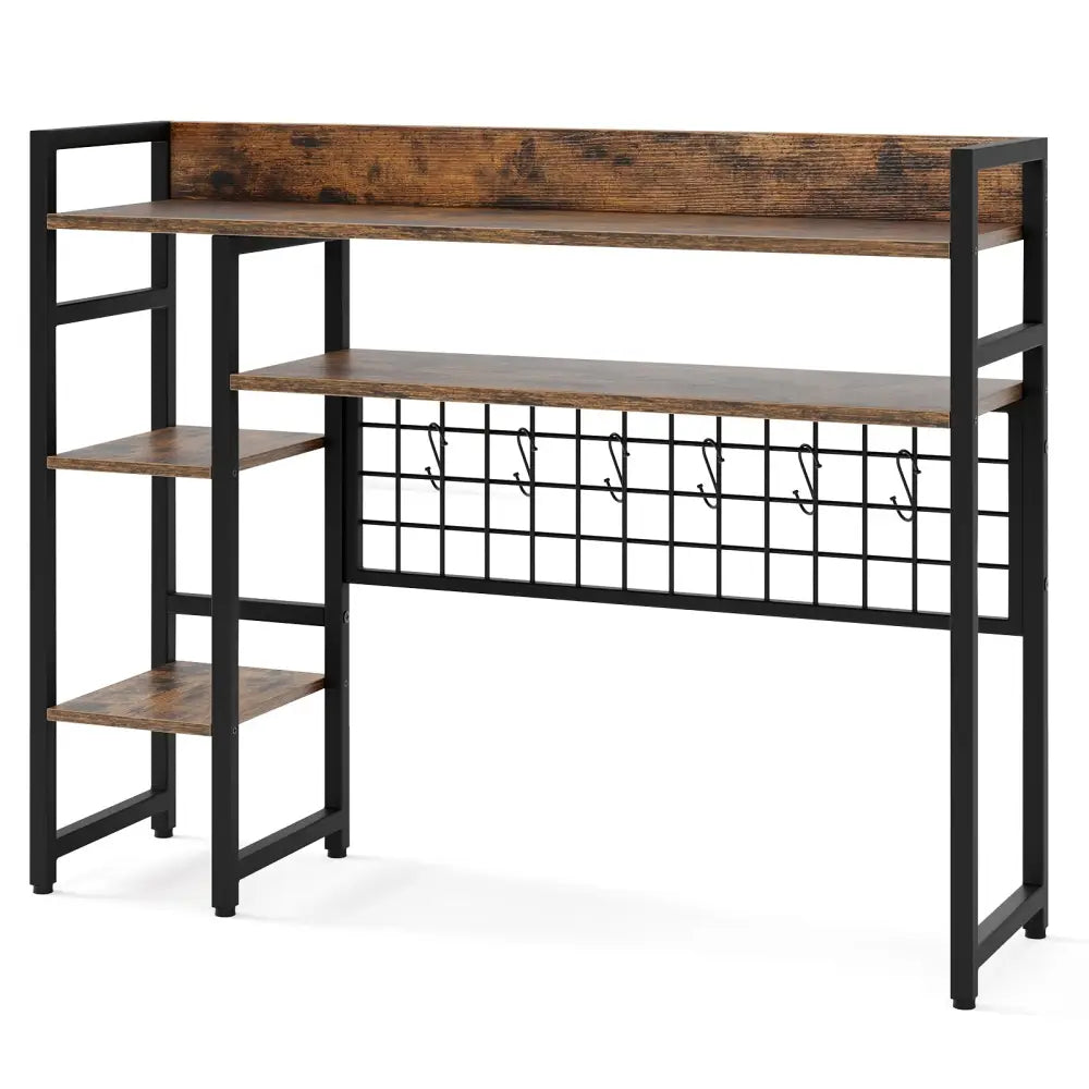 4-Tier Desk Shelf Desktop Display Rack with Metal Grid Panel and 6 Hooks-Rustic Brown - Rustic Brown - Bookcases