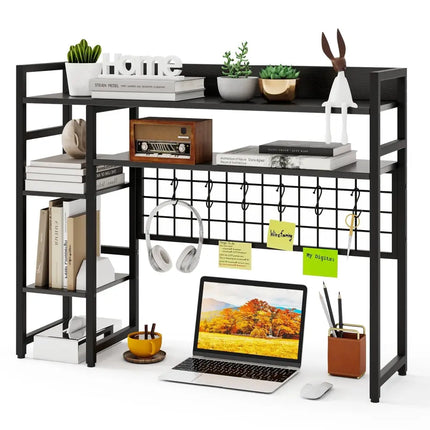 4-Tier Desk Shelf Desktop Display Rack with Metal Grid Panel and 6 Hooks-Black Costway