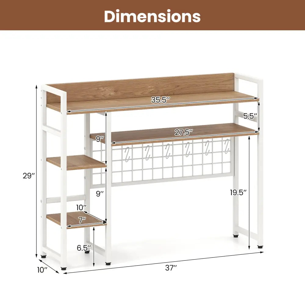 4-Tier Desk Shelf Desktop Display Rack with Metal Grid Panel and 6 Hooks-Natural - Natural - Bookcases