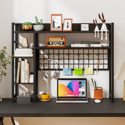 4-Tier Desk Shelf Desktop Display Rack with Metal Grid Panel and 6 Hooks-Black Costway