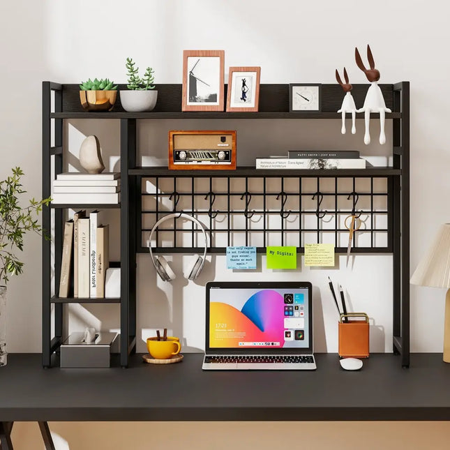 4-Tier Desk Shelf Desktop Display Rack with Metal Grid Panel and 6 Hooks-Black Costway