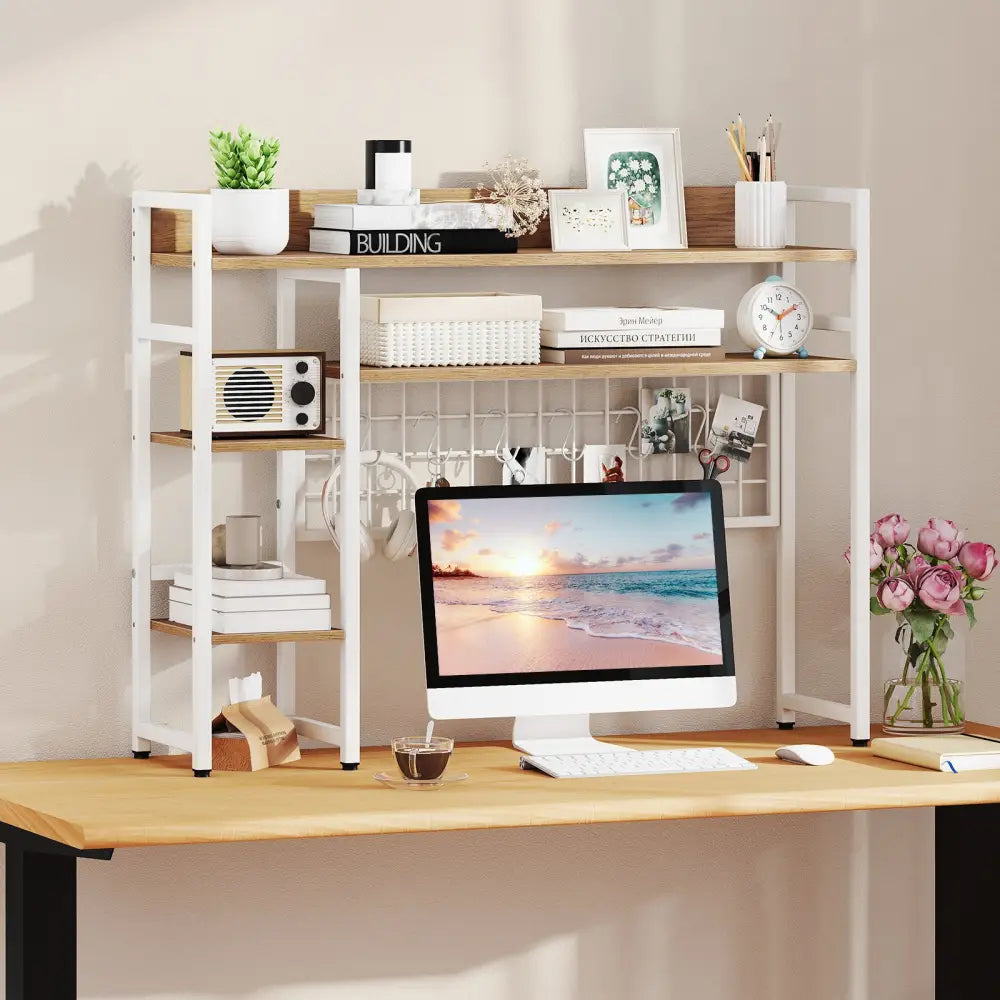 4-Tier Desk Shelf Desktop Display Rack with Metal Grid Panel and 6 Hooks-Natural - Natural - Bookcases