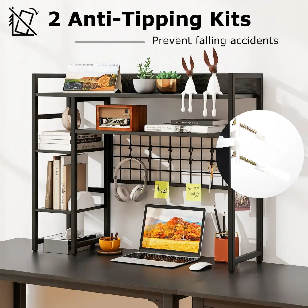 4-Tier Desk Shelf Desktop Display Rack with Metal Grid Panel and 6 Hooks-Black - Black - Bookcases