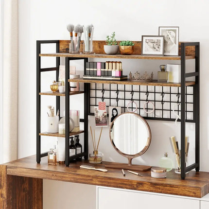 4-Tier Desk Shelf Desktop Display Rack with Metal Grid Panel and 6 Hooks-Rustic Brown Costway