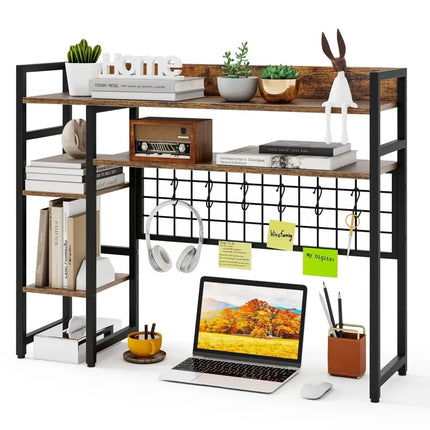 4-Tier Desk Shelf Desktop Display Rack with Metal Grid Panel and 6 Hooks-Rustic Brown Costway