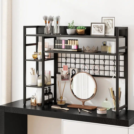 4-Tier Desk Shelf Desktop Display Rack with Metal Grid Panel and 6 Hooks-Black Costway