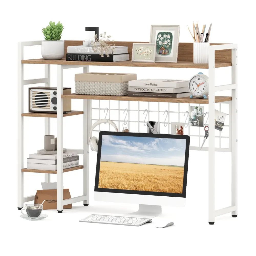 4-Tier Desk Shelf Desktop Display Rack with Metal Grid Panel and 6 Hooks-Natural - Natural - Bookcases