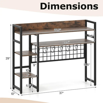 4-Tier Desk Shelf Desktop Display Rack with Metal Grid Panel and 6 Hooks-Rustic Brown Costway