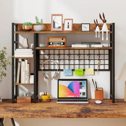4-Tier Desk Shelf Desktop Display Rack with Metal Grid Panel and 6 Hooks-Rustic Brown Costway