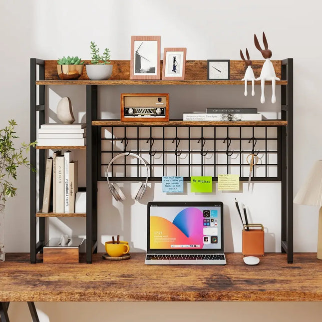 4-Tier Desk Shelf Desktop Display Rack with Metal Grid Panel and 6 Hooks-Rustic Brown Costway