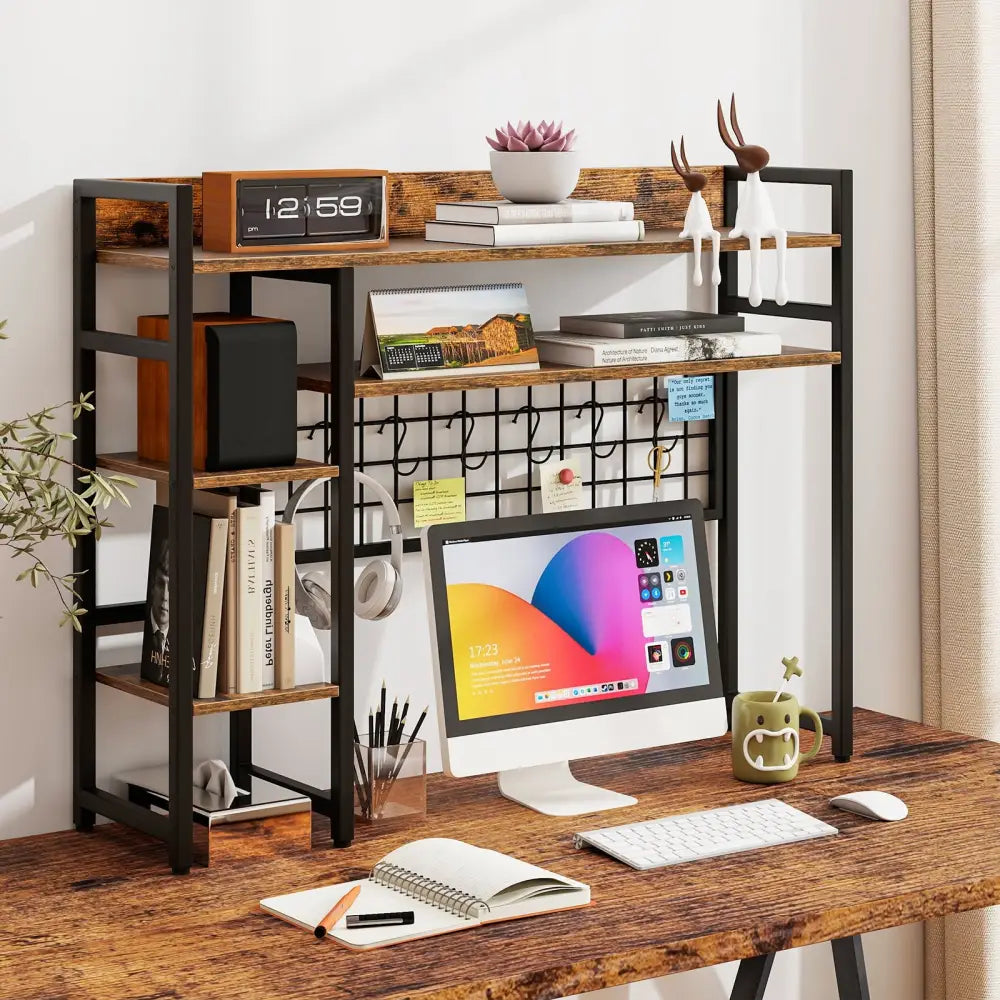 4-Tier Desk Shelf Desktop Display Rack with Metal Grid Panel and 6 Hooks-Rustic Brown - Rustic Brown - Bookcases