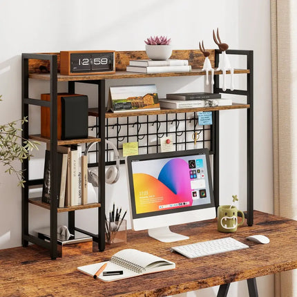 4-Tier Desk Shelf Desktop Display Rack with Metal Grid Panel and 6 Hooks-Rustic Brown Costway