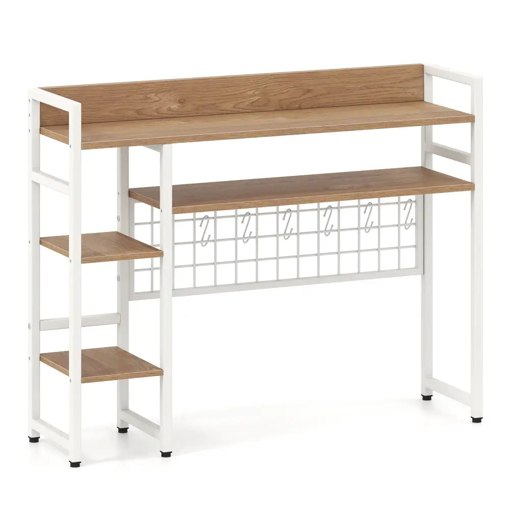 4-Tier Desk Shelf Desktop Display Rack with Metal Grid Panel and 6 Hooks-Natural - Natural - Bookcases