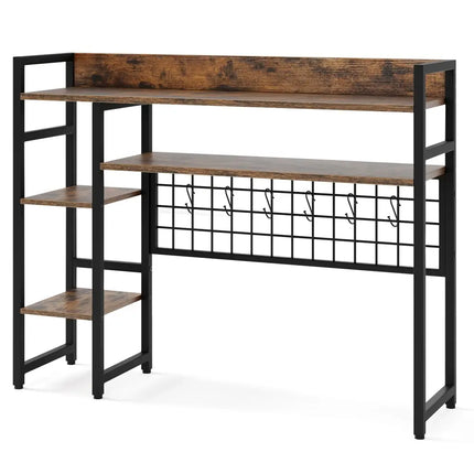 4-Tier Desk Shelf Desktop Display Rack with Metal Grid Panel and 6 Hooks-Rustic Brown Costway
