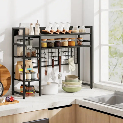 4-Tier Desk Shelf Desktop Display Rack with Metal Grid Panel and 6 Hooks-Black Costway