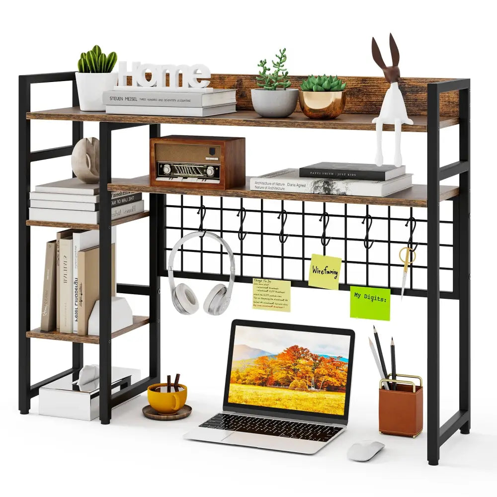 4-Tier Desk Shelf Desktop Display Rack with Metal Grid Panel and 6 Hooks-Rustic Brown - Rustic Brown - Bookcases