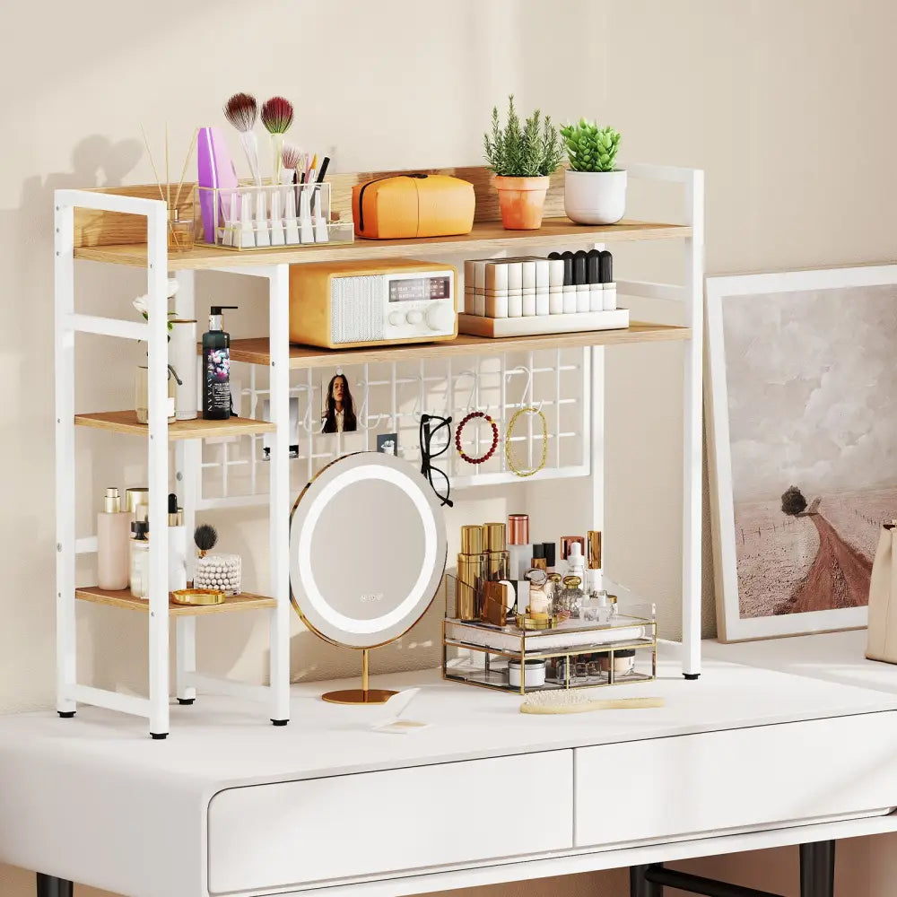 4-Tier Desk Shelf Desktop Display Rack with Metal Grid Panel and 6 Hooks-Natural - Natural - Bookcases