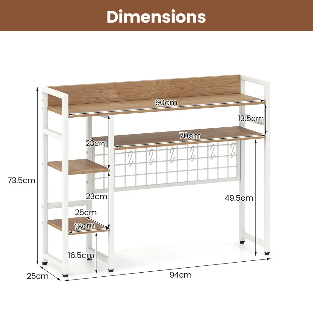 4-Tier Desk Shelf Desktop Display Rack with Metal Grid Panel and 6 Hooks-Natural - Natural - Bookcases