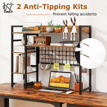 4-Tier Desk Shelf Desktop Display Rack with Metal Grid Panel and 6 Hooks-Rustic Brown Costway