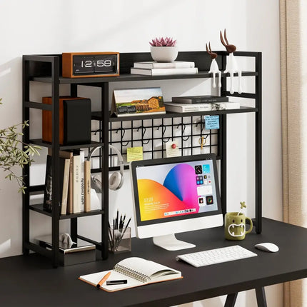 4-Tier Desk Shelf Desktop Display Rack with Metal Grid Panel and 6 Hooks-Black Costway
