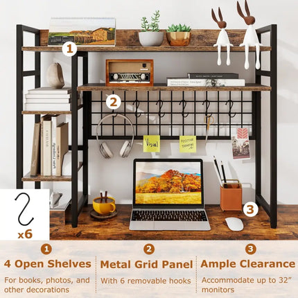 4-Tier Desk Shelf Desktop Display Rack with Metal Grid Panel and 6 Hooks-Rustic Brown Costway