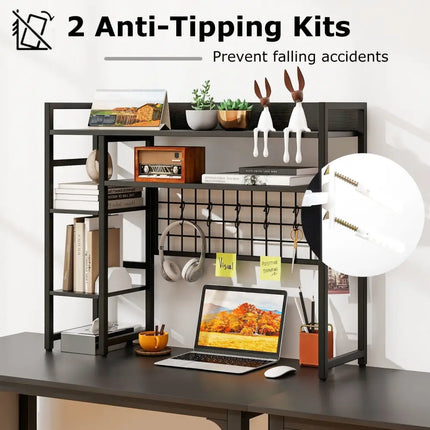 4-Tier Desk Shelf Desktop Display Rack with Metal Grid Panel and 6 Hooks-Black Costway