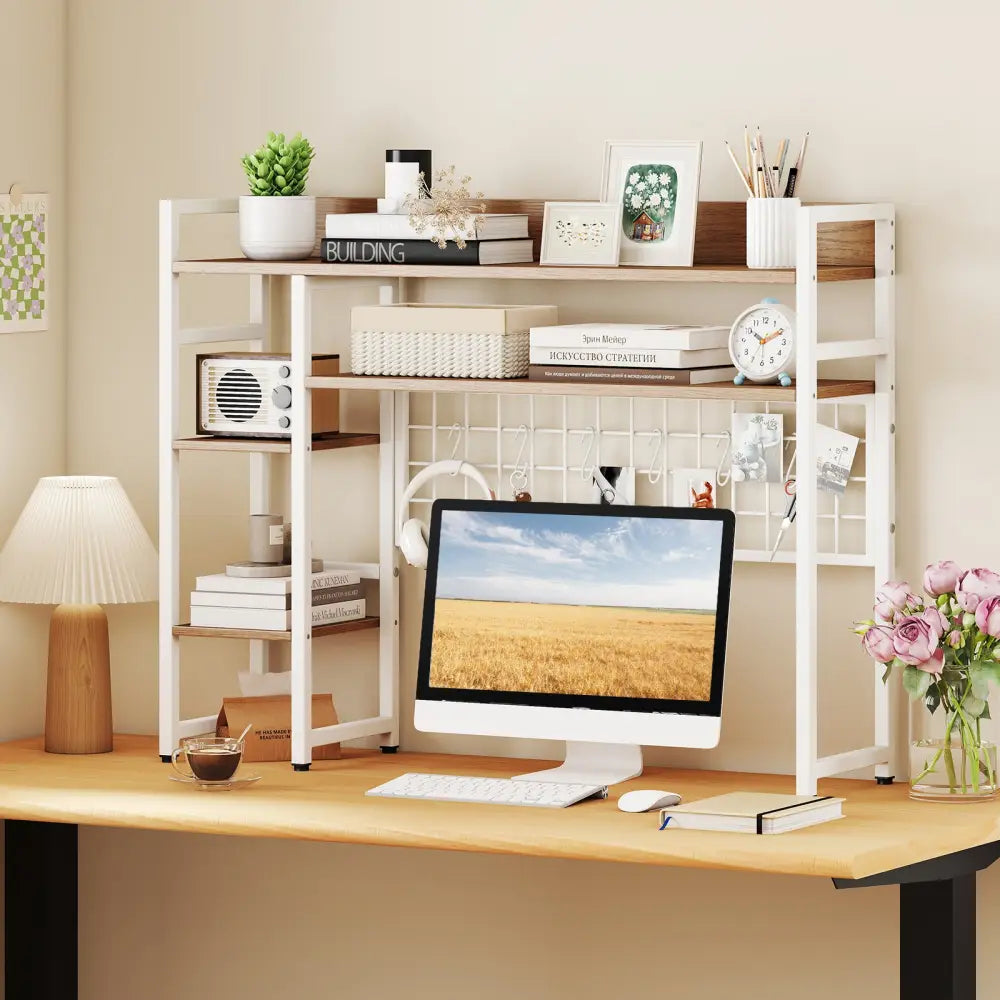 4-Tier Desk Shelf Desktop Display Rack with Metal Grid Panel and 6 Hooks-Natural - Natural - Bookcases