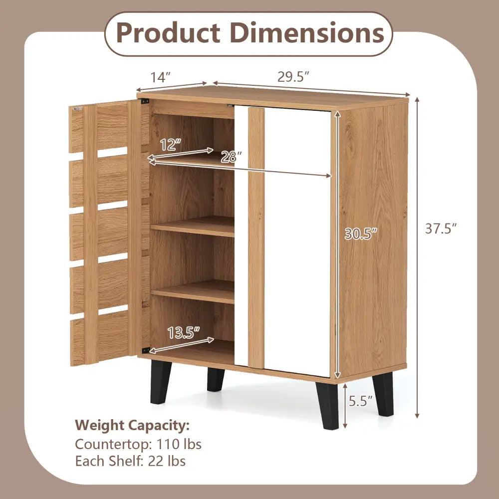 4-Tier Farmhouse Shoe Organizer with Louvered Door-Natural and White - Natural & White - Shoe Racks & Storage Benches