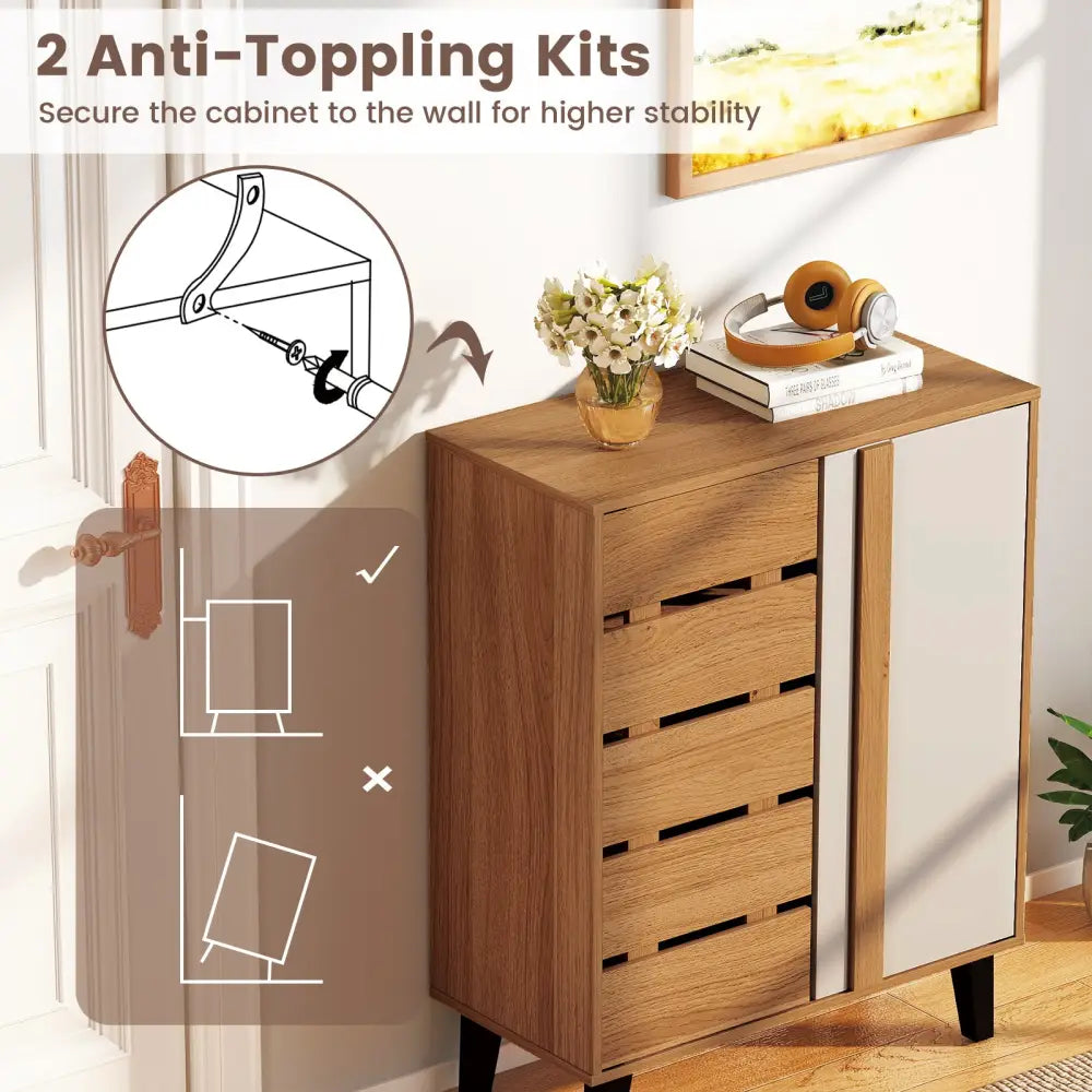 4-Tier Farmhouse Shoe Organizer with Louvered Door-Natural and White - Natural & White - Shoe Racks & Storage Benches
