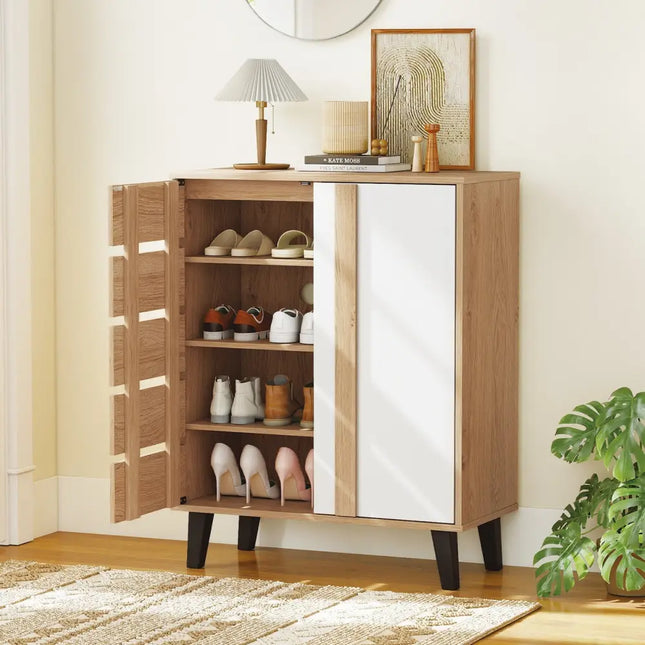 4-Tier Farmhouse Shoe Organizer with Louvered Door-Natural and White - Natural & White - Shoe Racks & Storage Benches