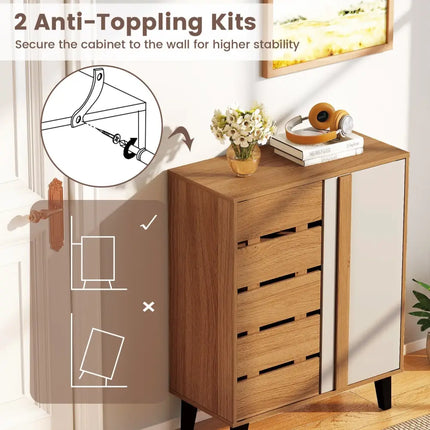 4-Tier Farmhouse Shoe Organizer with Louvered Door-Natural and White - Natural & White - Shoe Racks & Storage Benches