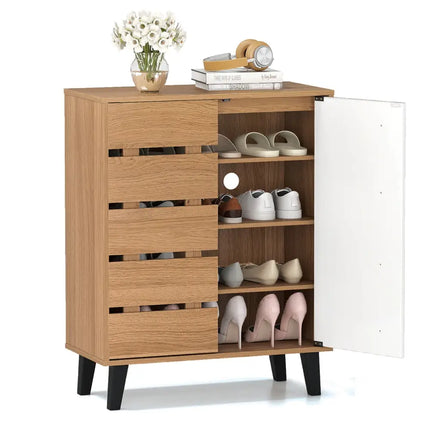 4-Tier Farmhouse Shoe Organizer with Louvered Door-Natural and White - Natural & White - Shoe Racks & Storage Benches