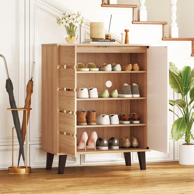 4-Tier Farmhouse Shoe Organizer with Louvered Door-Natural and White - Natural & White - Shoe Racks & Storage Benches