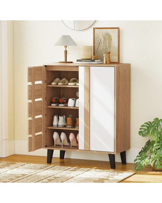 4-Tier Farmhouse Shoe Organizer with Louvered Door-Natural and White - Natural & White - Shoe Racks & Storage Benches