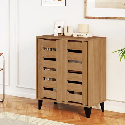 4-Tier Farmhouse Shoe Organizer with Louvered Door-Natural - Natural - Shoe Racks & Storage Benches