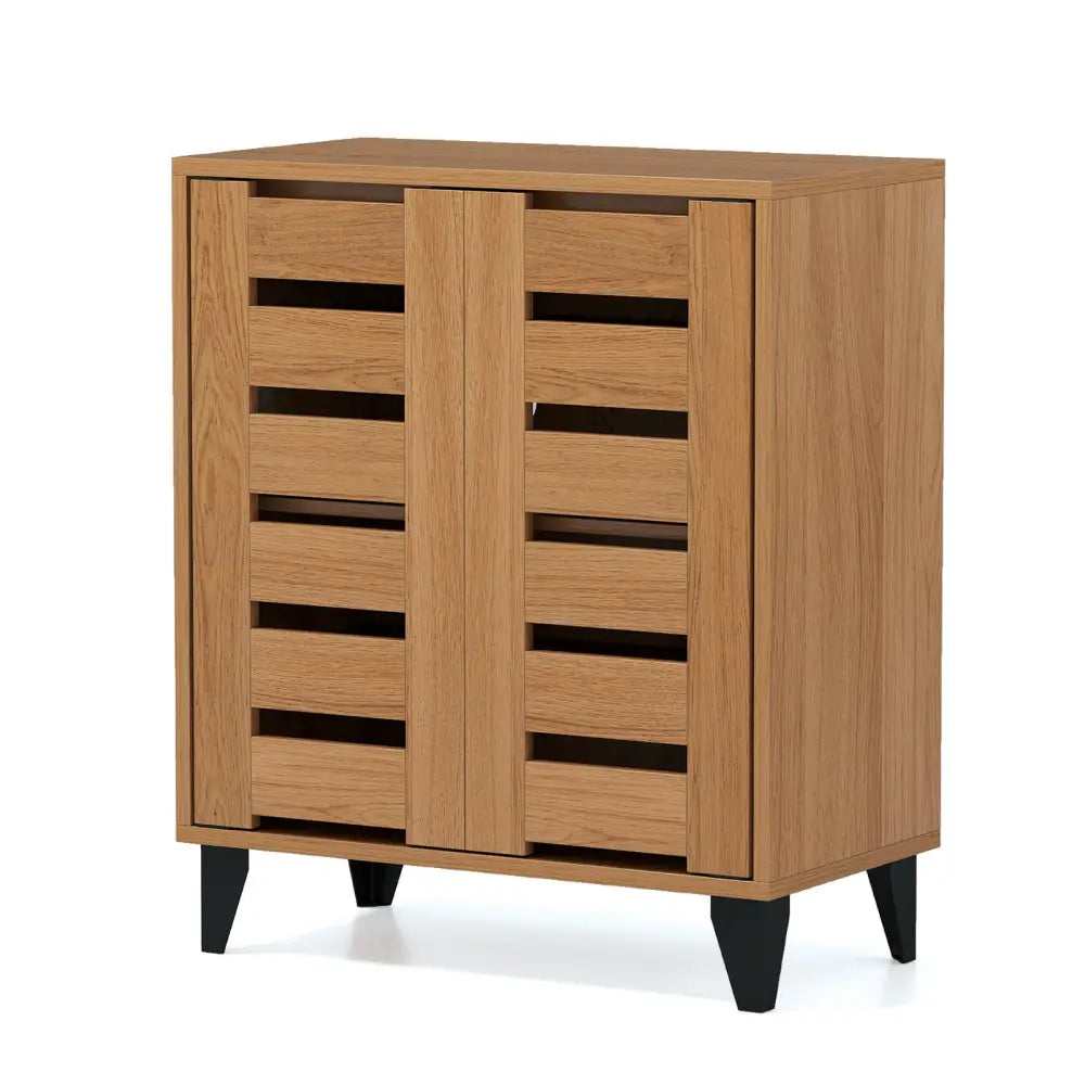 4-Tier Farmhouse Shoe Organizer with Louvered Door-Natural - Natural - Shoe Racks & Storage Benches