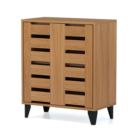 4-Tier Farmhouse Shoe Organizer with Louvered Door-Natural - Natural - Shoe Racks & Storage Benches