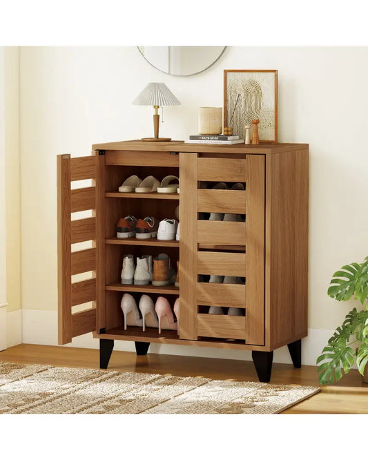 4-Tier Farmhouse Shoe Organizer with Louvered Door-Natural - Natural - Shoe Racks & Storage Benches