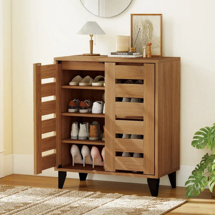 4-Tier Farmhouse Shoe Organizer with Louvered Door-Natural - Natural - Shoe Racks & Storage Benches