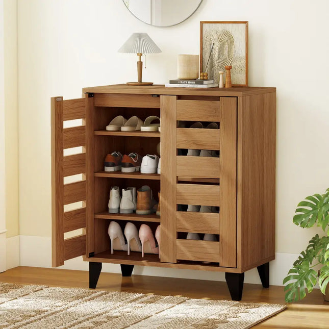 4-Tier Farmhouse Shoe Organizer with Louvered Door-Natural - Natural - Shoe Racks & Storage Benches